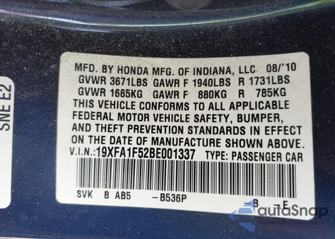 2011 Honda Civic Lx from USA, damaged, VIN 19XFA1F52BE001337